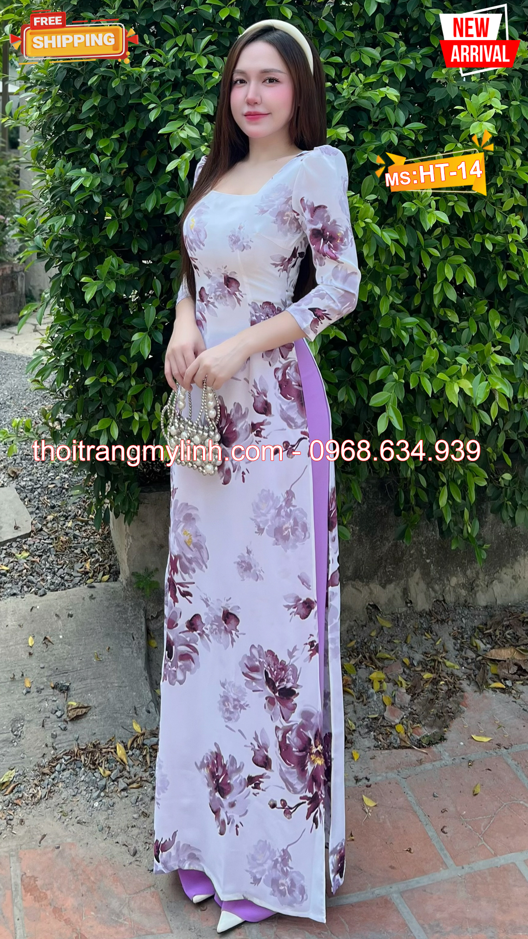 Bộ áo dài họa tiết bông tím nền trắng HT14